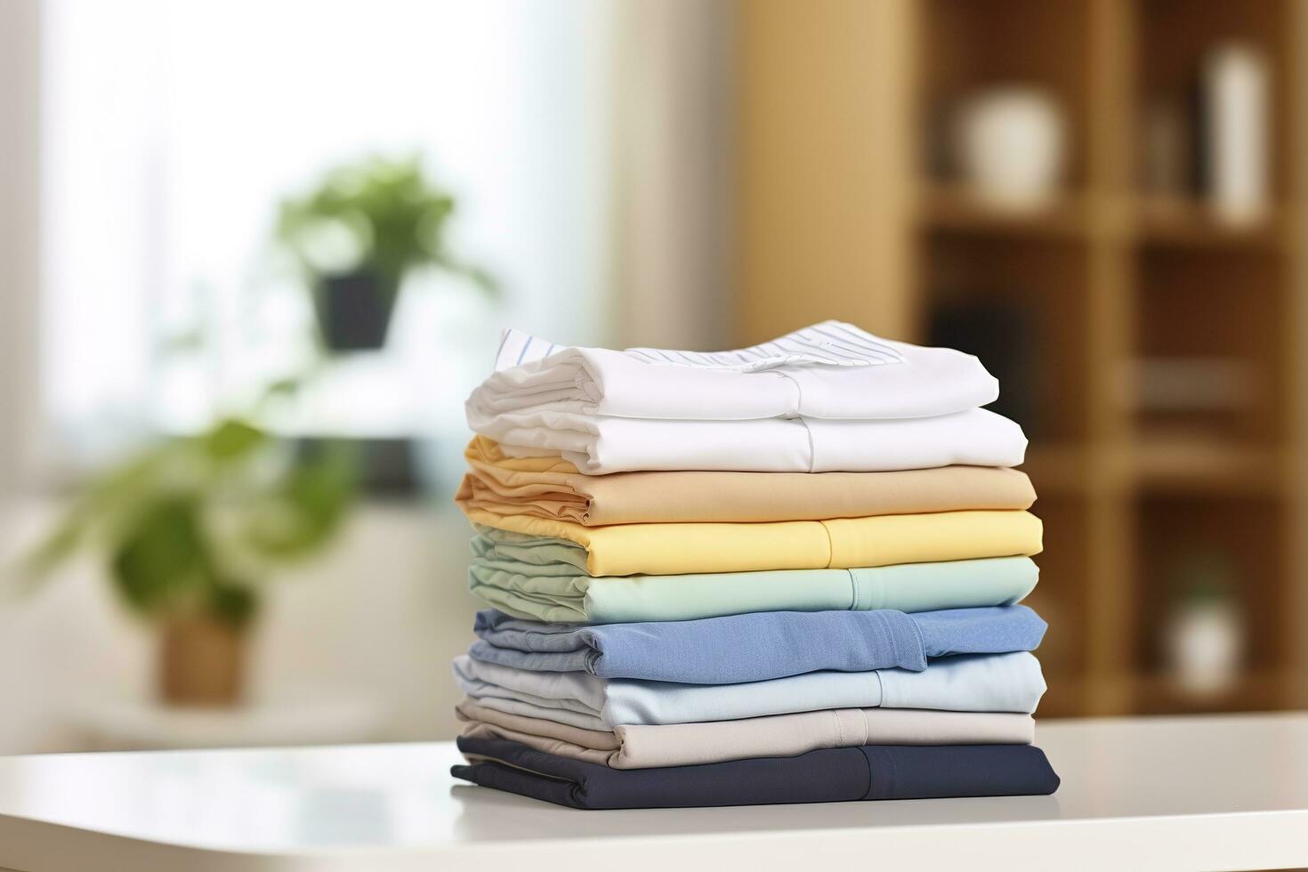 stack van schoon kleren Aan tafel in kamer. generatief ai foto