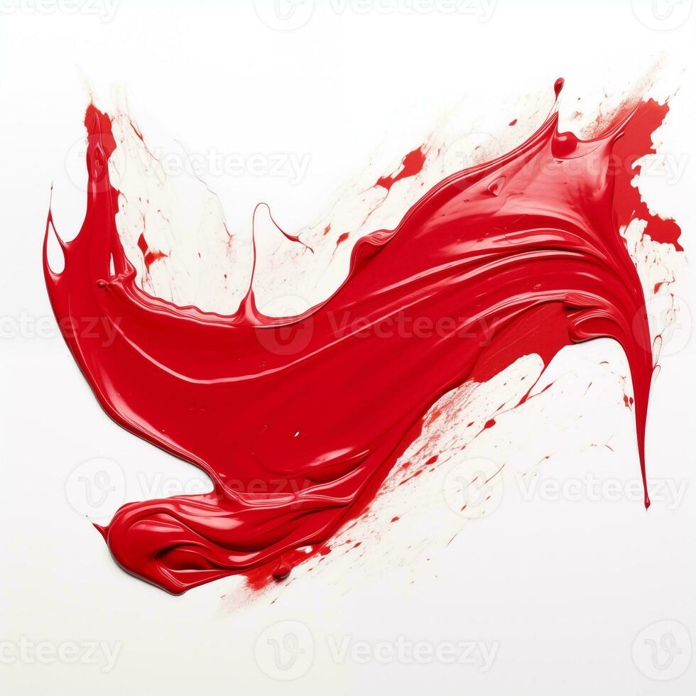 een smeren van rood acryl verf. een borstel beroerte van verf Aan een wit achtergrond. ai generatief foto