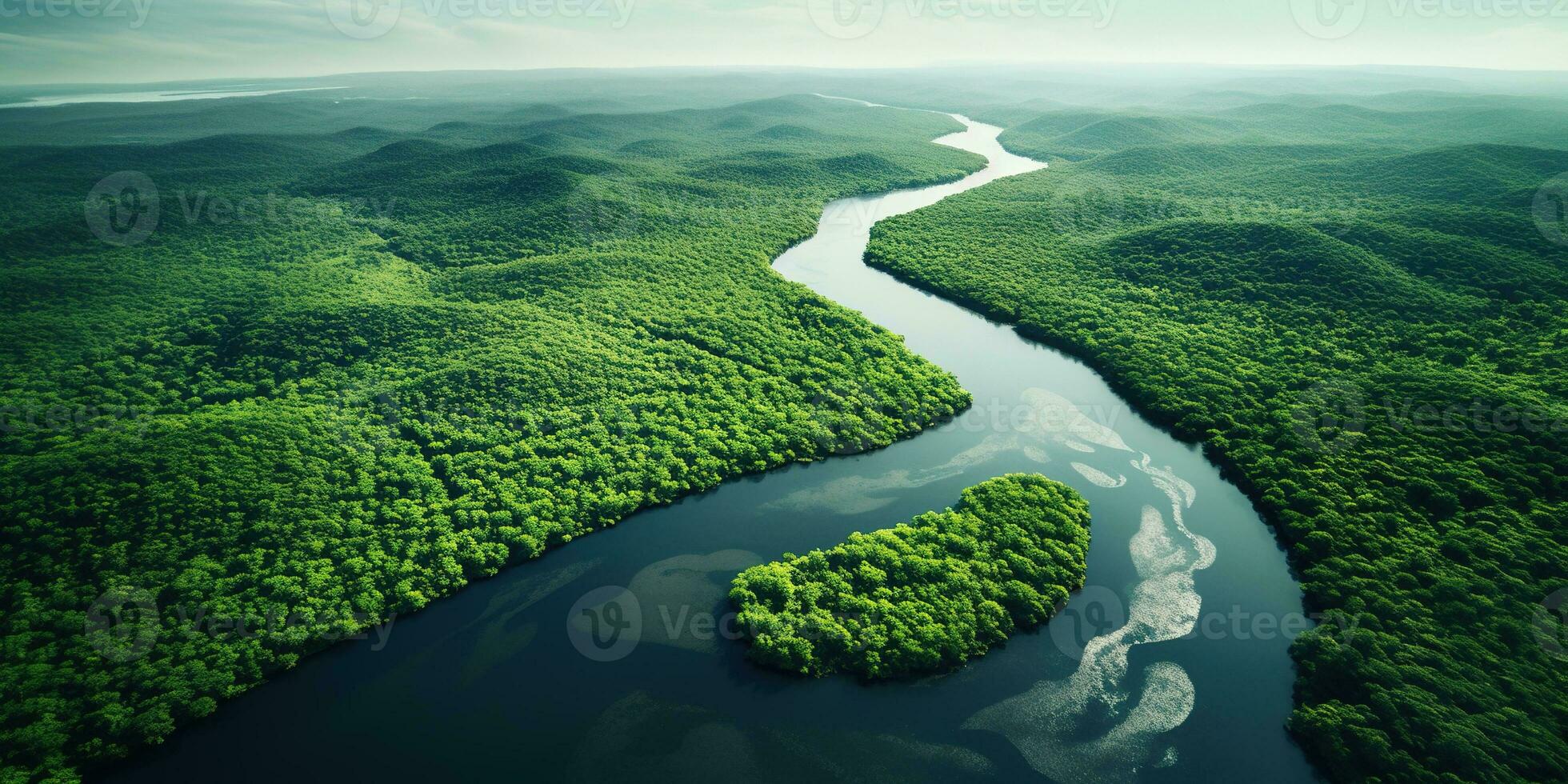 generatief ai, groen mooi amazone oerwoud landschap met bomen en rivier, dar visie foto