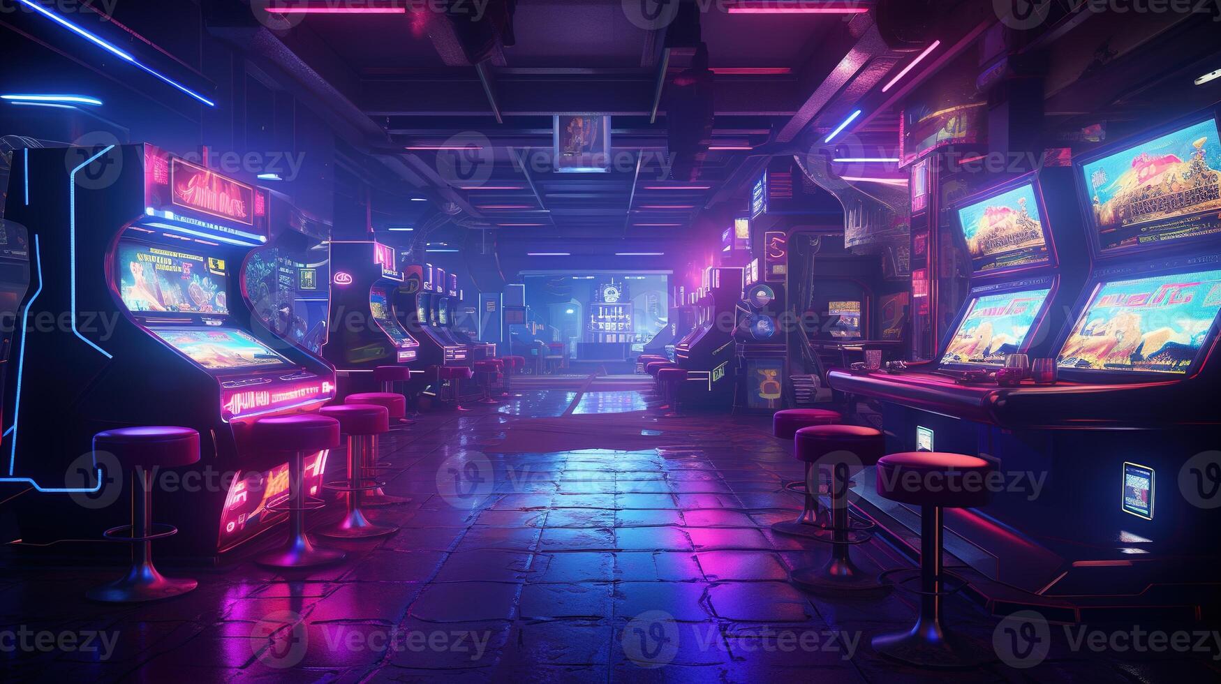 generatief ai, cyberpunk stijl spel bar of cafe. nacht tafereel van groot stad, futuristische nostalgisch jaren 80, jaren 90. neon lichten levendig kleuren, fotorealistisch horizontaal foto