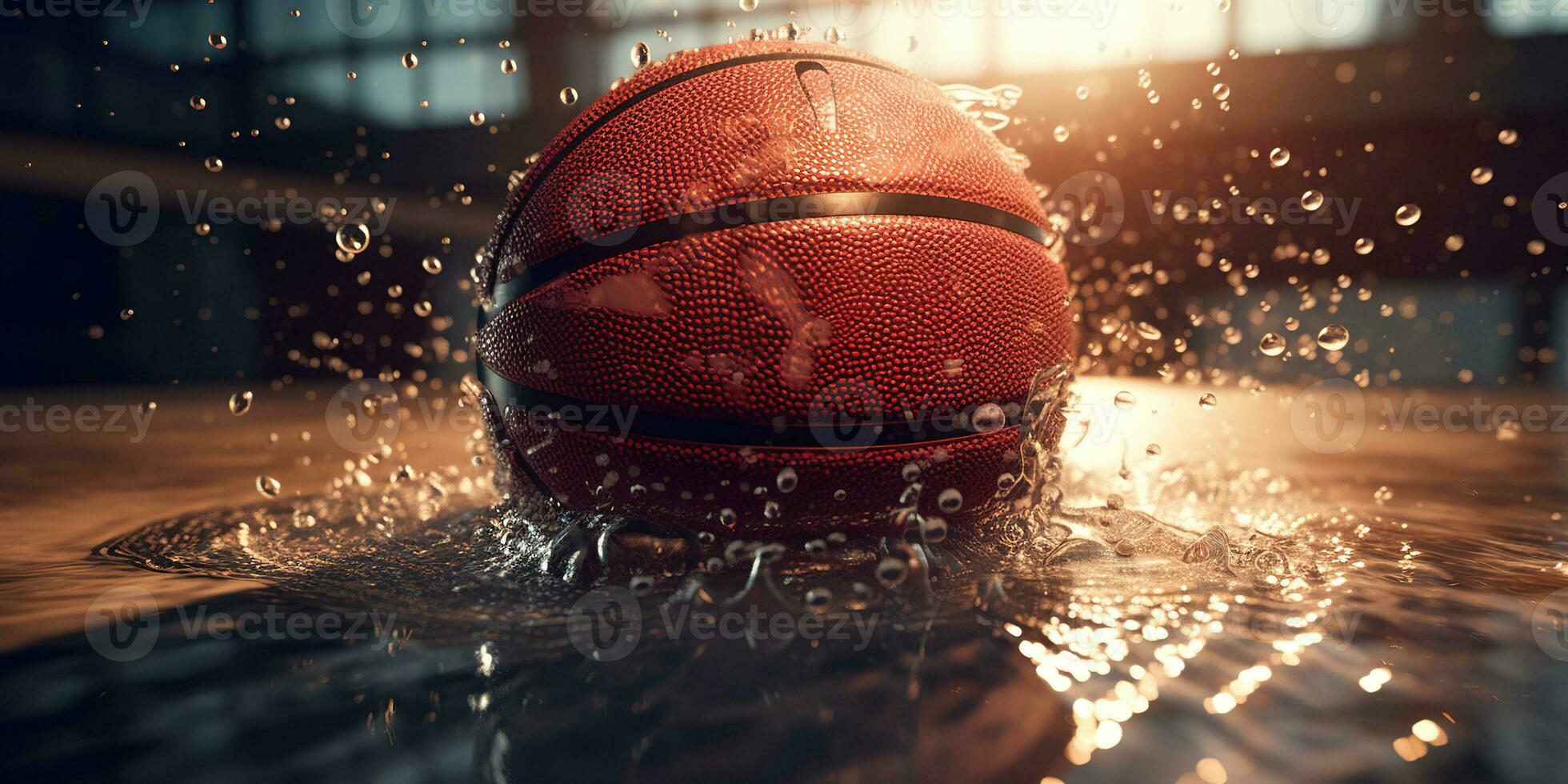 generatief ai, basketbal bal Aan de rechtbank met water plons en zonlicht, detailopname foto