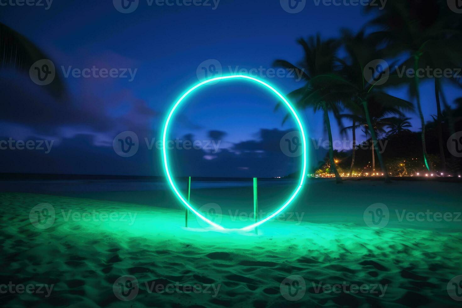 neon licht cirkel Aan tropisch strand Bij nacht, zomer feest. generatief ai foto