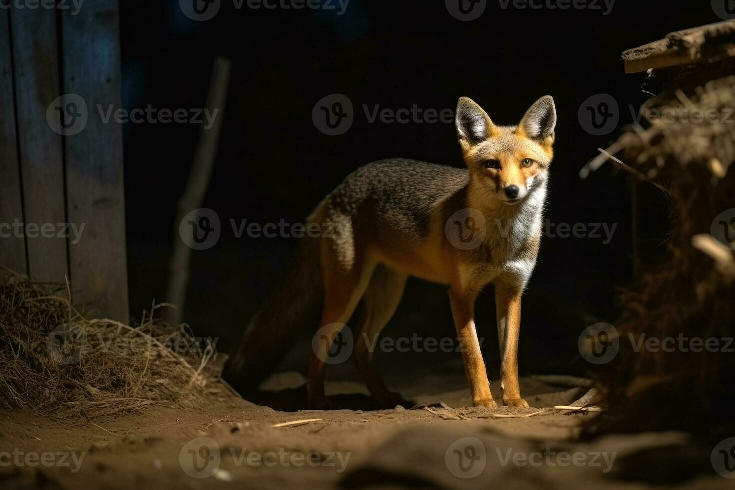 vos Bij nacht in platteland dorp Oppervlakte. generatief ai foto