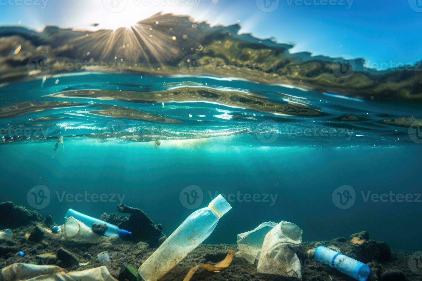 plastic afval, afval en vuilnis vervuilen onderwater- oceaan, generatief ai foto