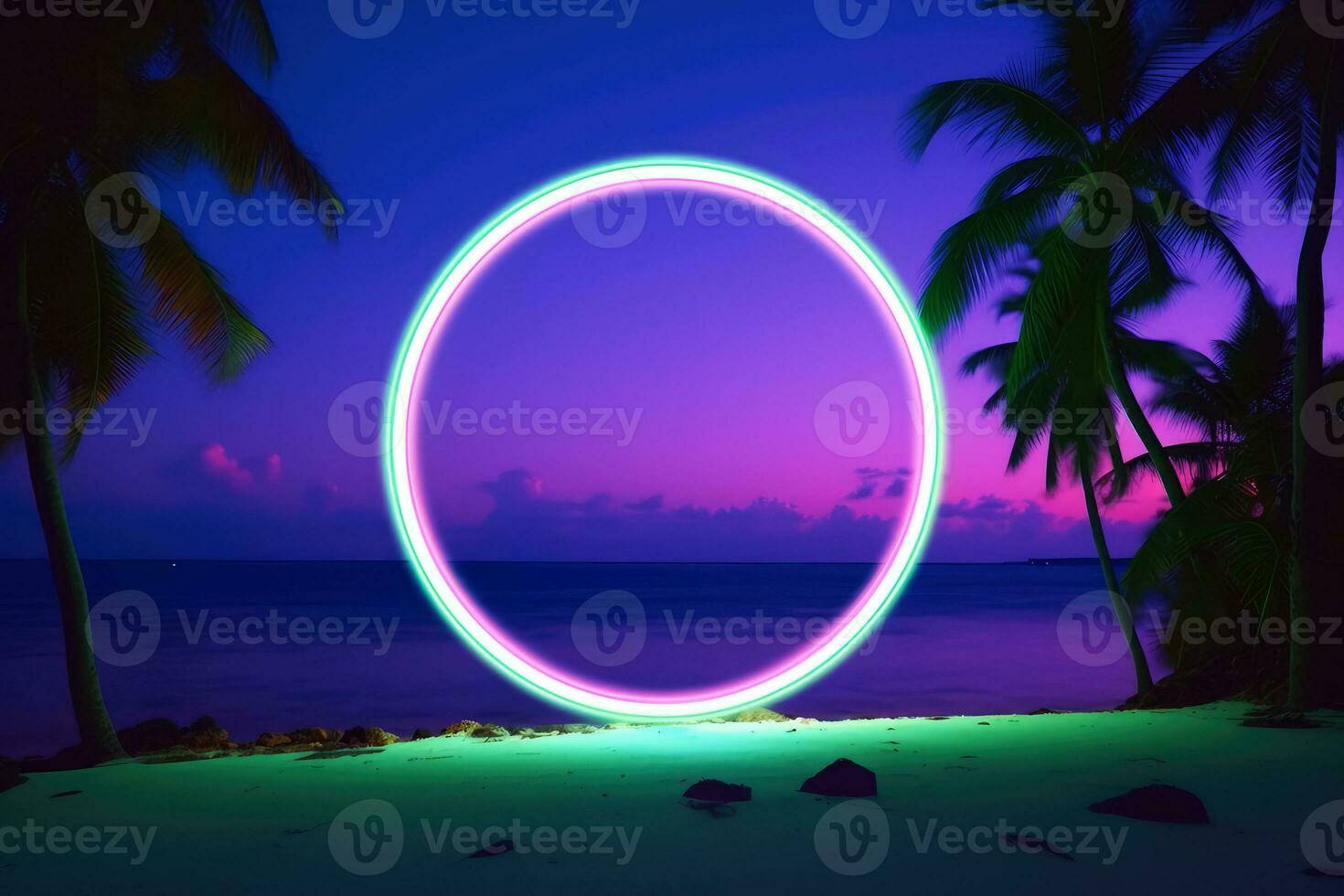 neon licht cirkel Aan tropisch strand Bij nacht, zomer feest. generatief ai foto