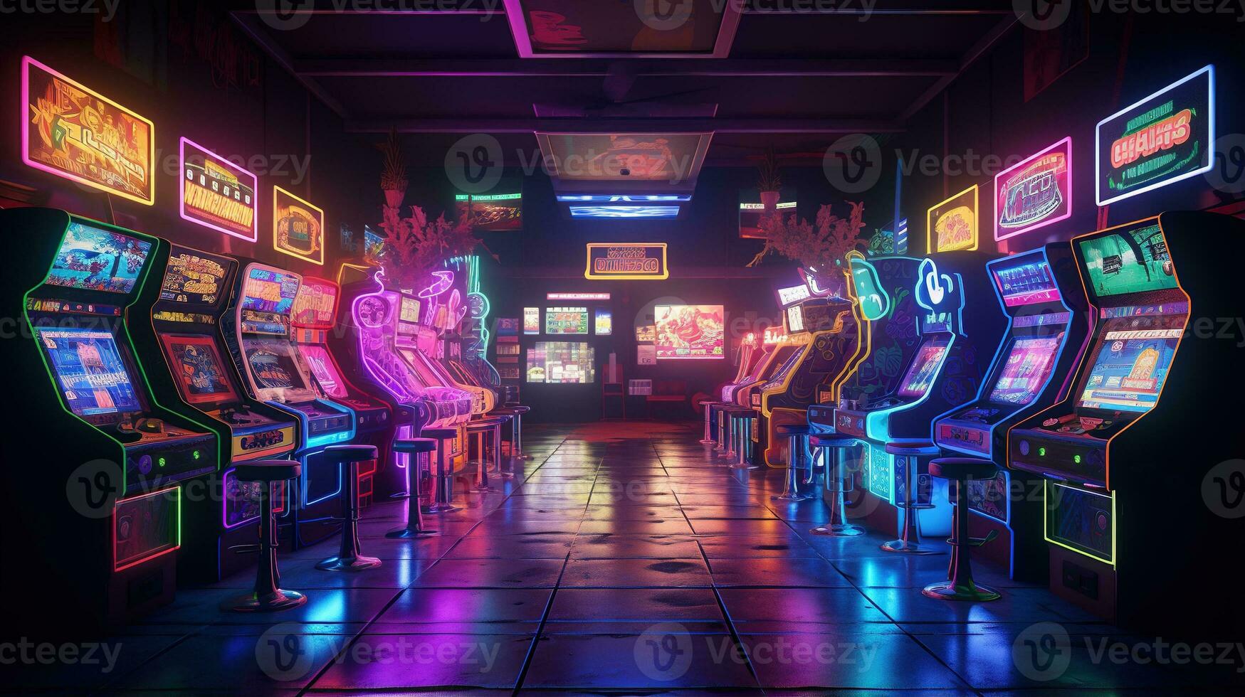 generatief ai, cyberpunk stijl spel bar of cafe. nacht tafereel van groot stad, futuristische nostalgisch jaren 80, jaren 90. neon lichten levendig kleuren, fotorealistisch horizontaal foto