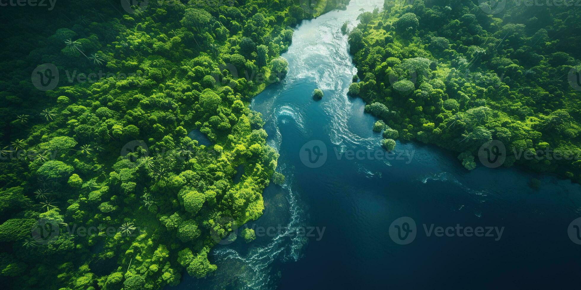 generatief ai, groen mooi amazone oerwoud landschap met bomen en rivier, dar visie foto