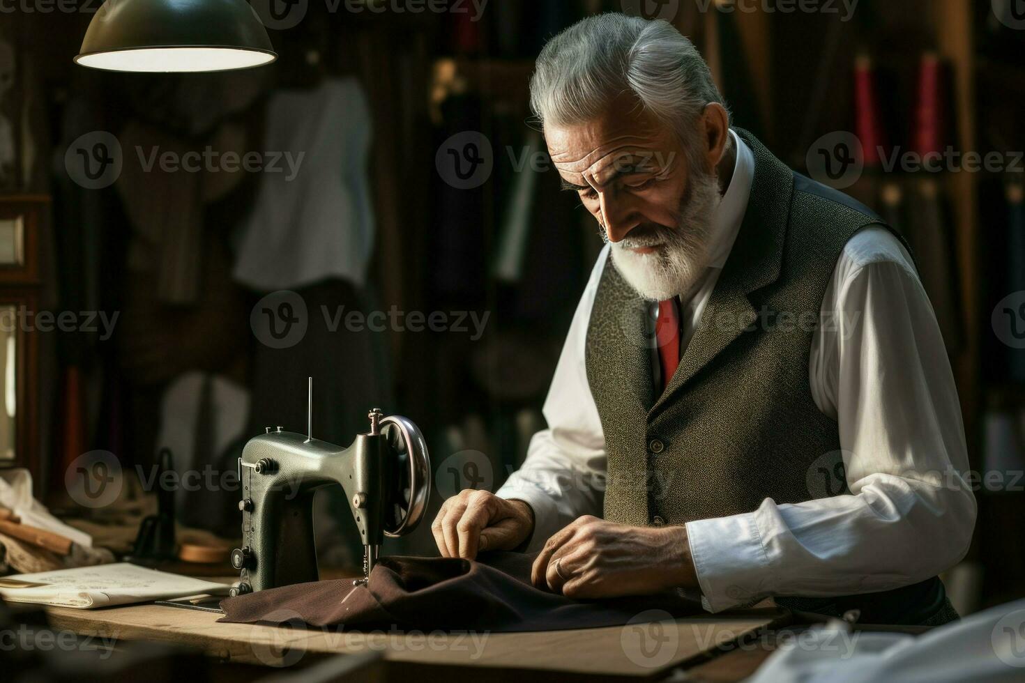 volwassen kleermaker werken in atelier. genereren ai foto