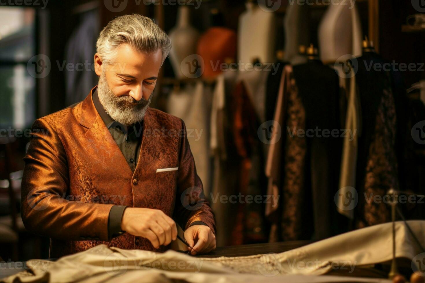 volwassen kleermaker werken in atelier met Op maat handel. genereren ai foto