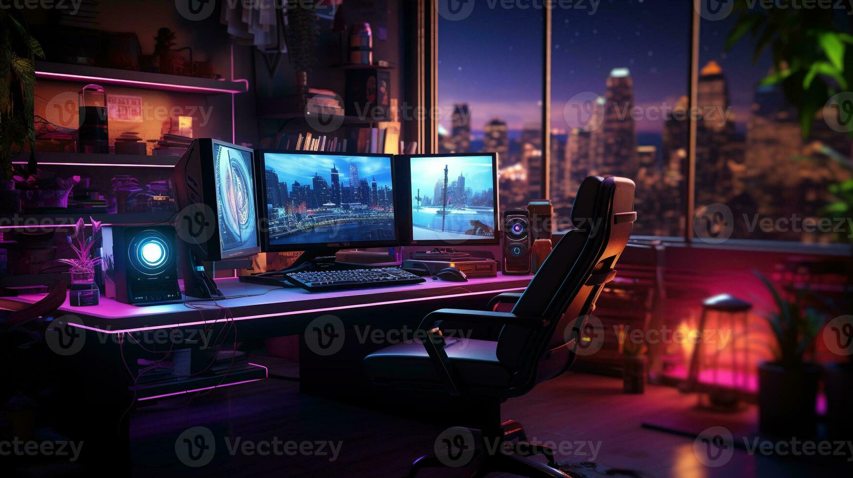 generatief ai, computer Aan de tafel in cyberpunk stijl, nostalgisch jaren 80, jaren 90. neon nacht lichten levendig kleuren, fotorealistisch horizontaal illustratie van de futuristische interieur. technologie concept. foto