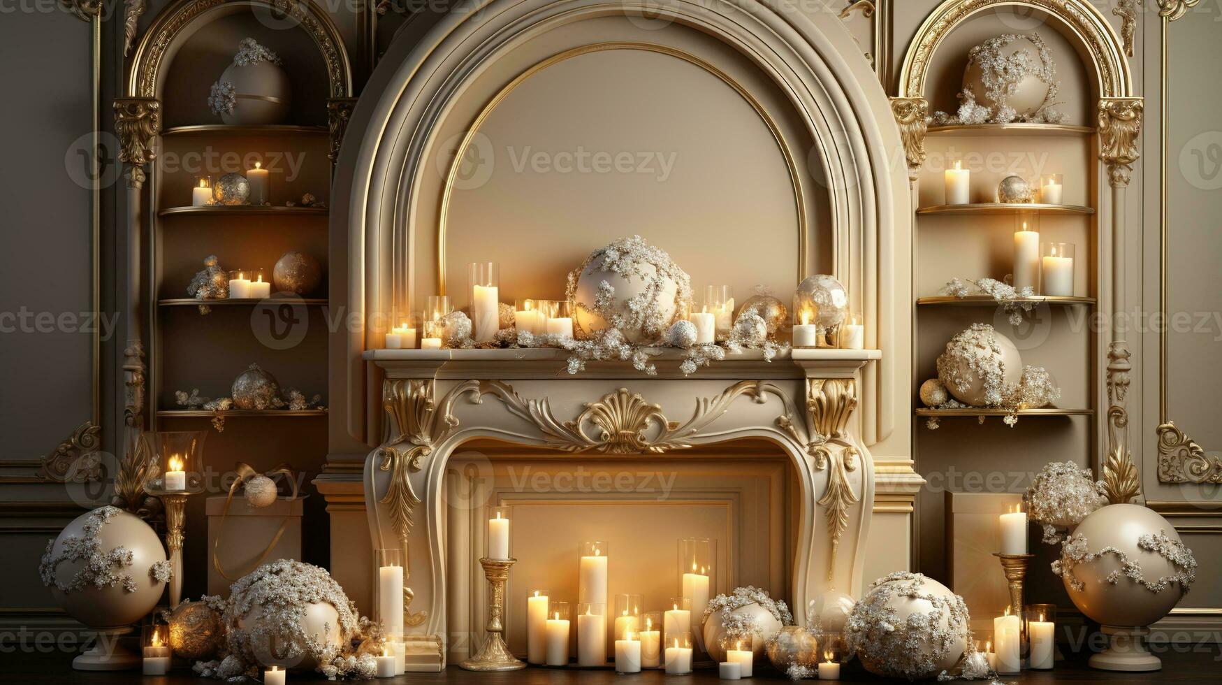 generatief ai, luxe beige interieur met Kerstmis gouden en wit decoratie foto