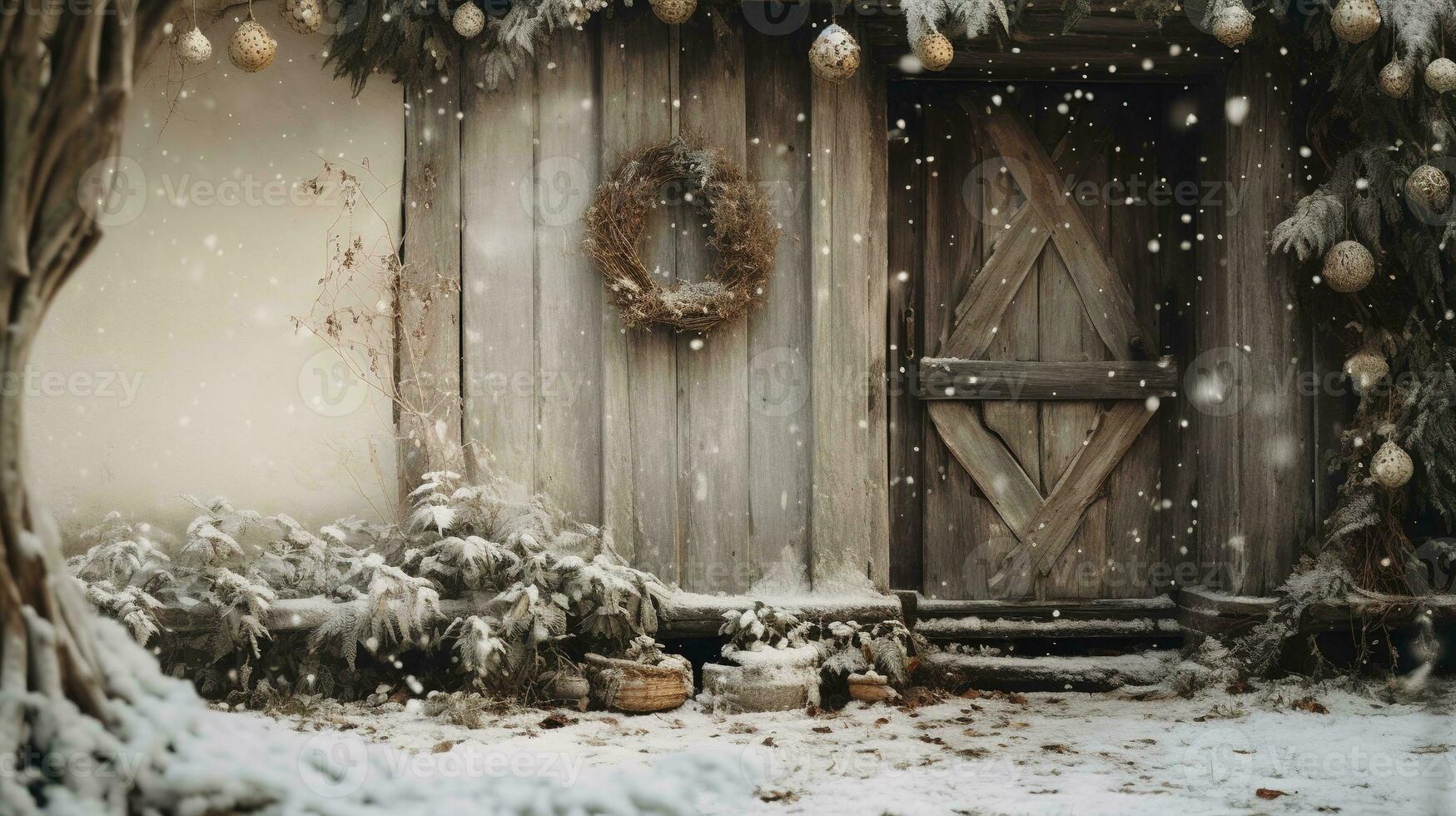 generatief ai, huis voorkant in de winter met Kerstmis decoratie, krans en guirlande. sneeuw knus seizoen foto