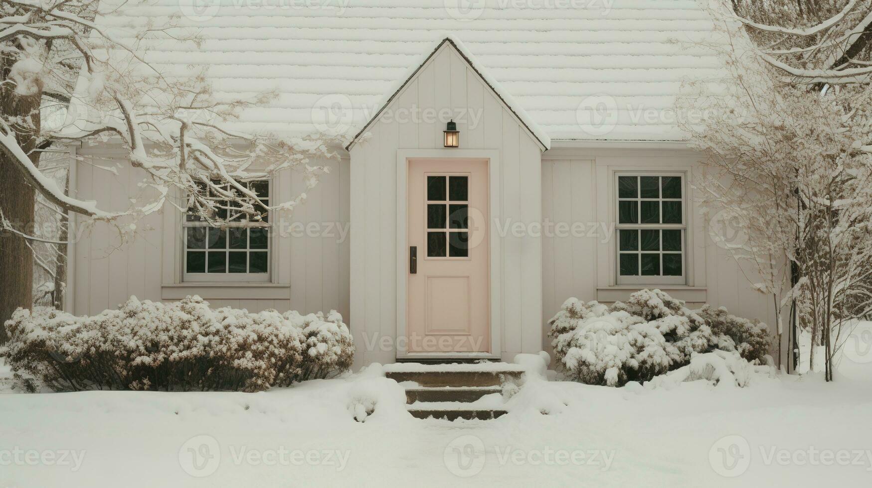 generatief ai, huis voorkant in de winter met Kerstmis decoratie, krans en guirlande. sneeuw knus seizoen foto