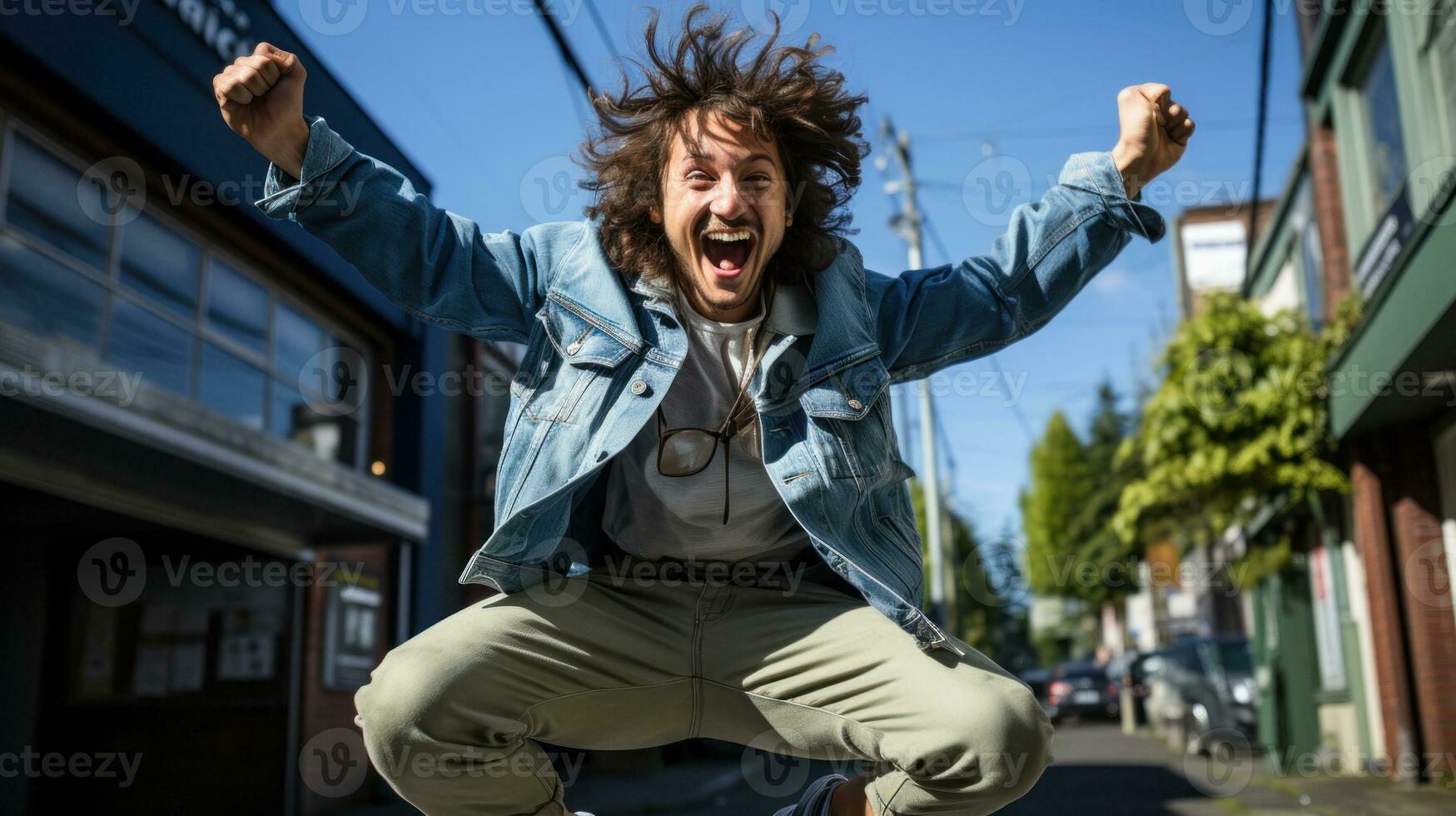 portret van een gelukkig jong Mens jumping in de straat Aan een zonnig dag. foto