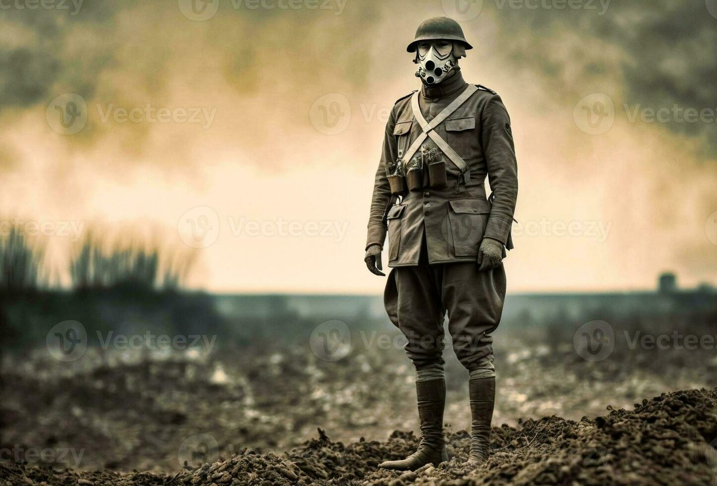 retrofuturistisch cyborg wwi soldaat Aan de slagveld generatief ai foto