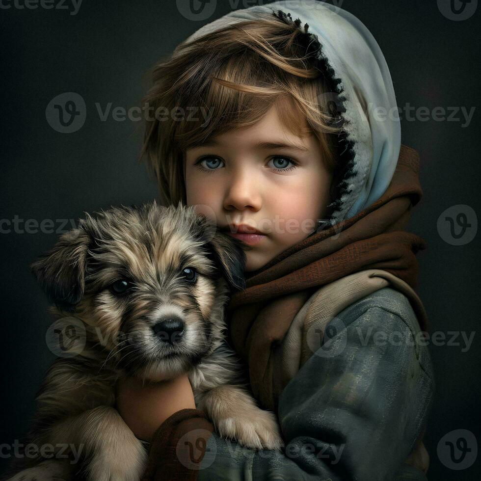 betoverend binding generatief ai beeld van een kind omarmen een prachtig puppy foto