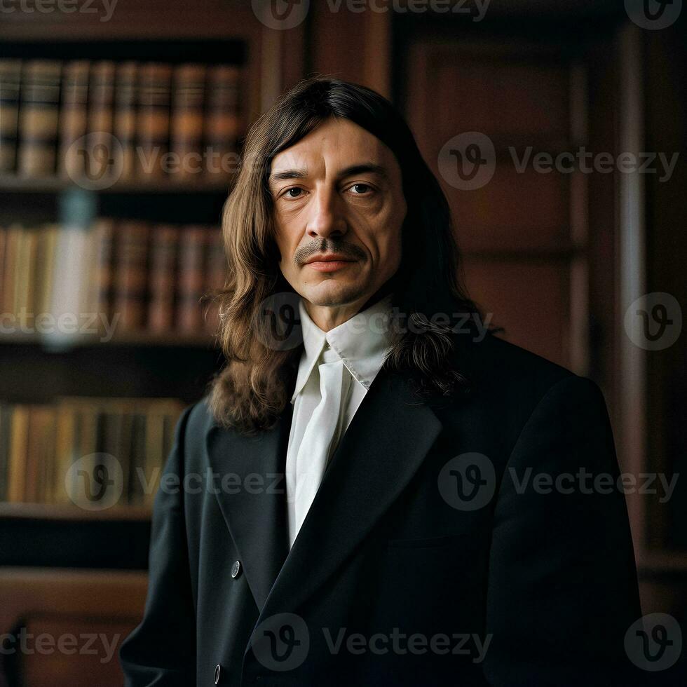 rene descartes modern filosoof en ondernemer in elegant kleding foto