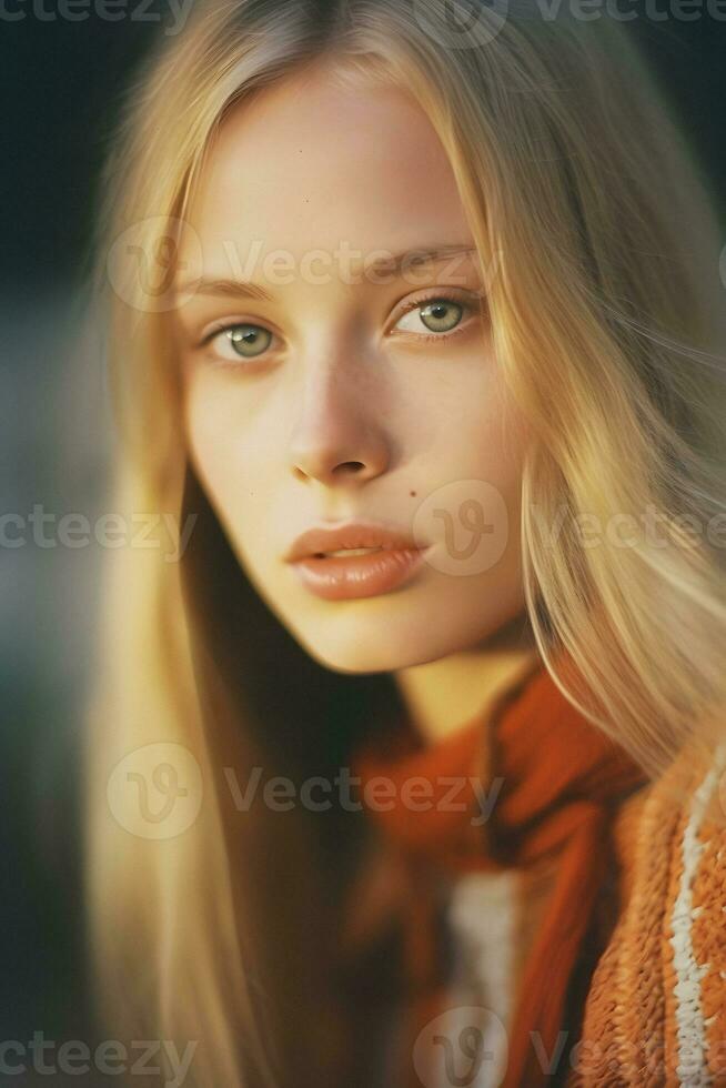 blond schoonheid generatief ai portret van een geweldig jong vrouw foto