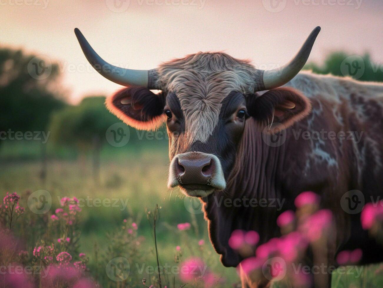 majestueus Longhorn begrazing in weelderig paars weide generatief ai foto