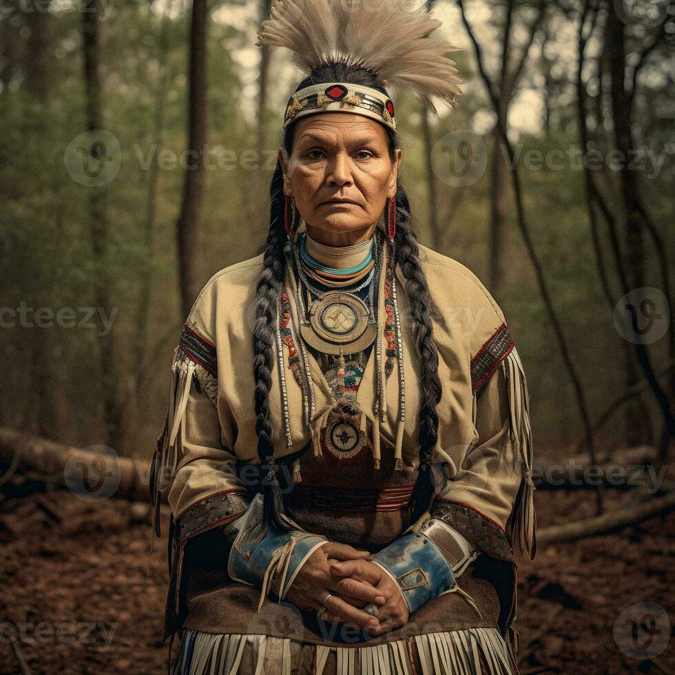 cherokee elegantie traditioneel jurk generatief ai portret foto