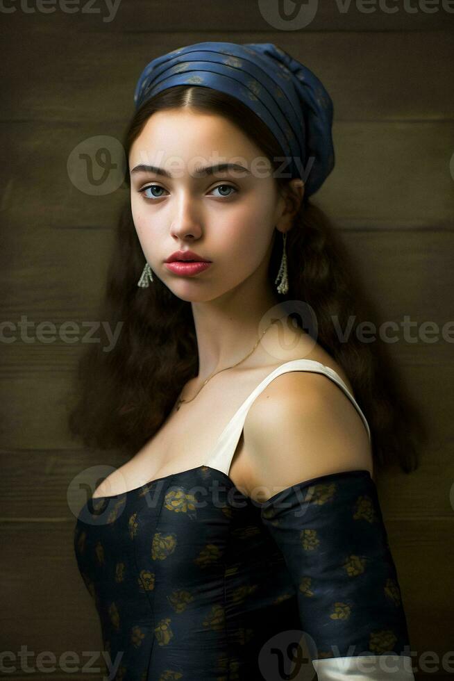 modern influencer jong vrouw met een hoofddoek, geïnspireerd door meisje met een parel oorbel, generatief ai kunst foto