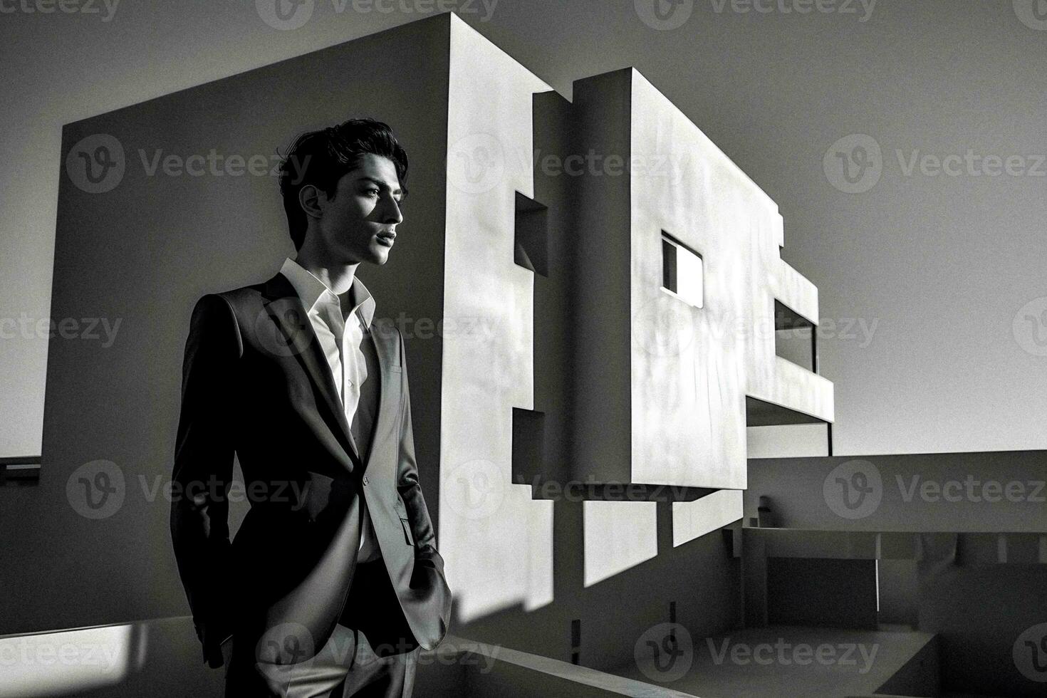 elegant Mens in zwart en wit pak tegen minimalistische architectuur en zonlicht, generatief ai foto