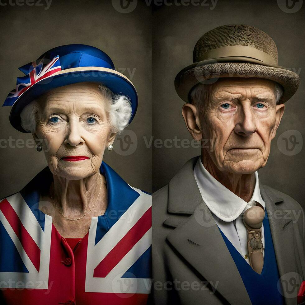 ouderen Brits paar met unie jack vlag, generatief ai foto