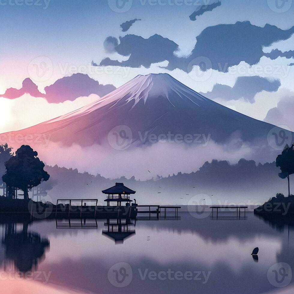 majestueus monteren fuji Bij zonsondergang, digitaal kunst schilderij gemaakt gebruik makend van generatief ai. foto