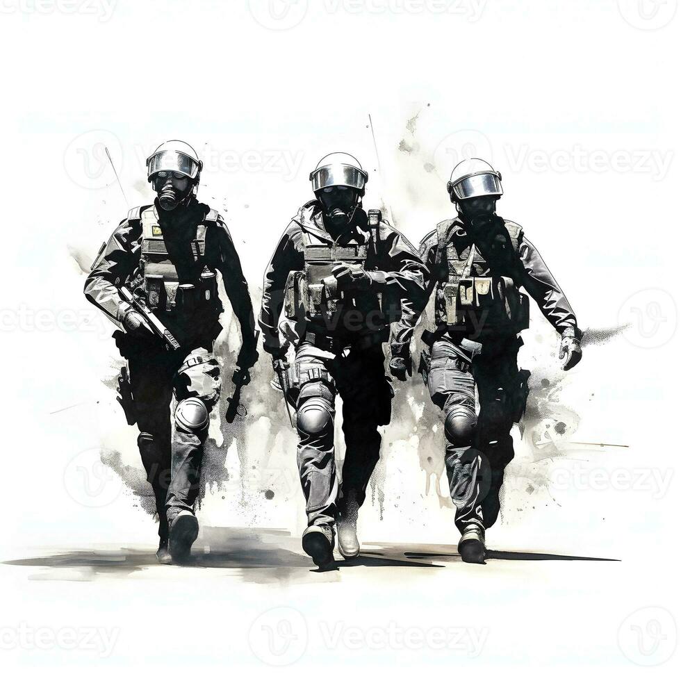 zwart en wit herrie Politie schetsen Aan wit achtergrond. generatief ai. foto