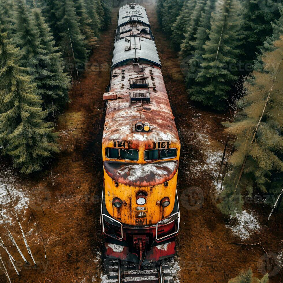 antenne visie van roestig trein in ongetemd Woud. generatief ai. foto