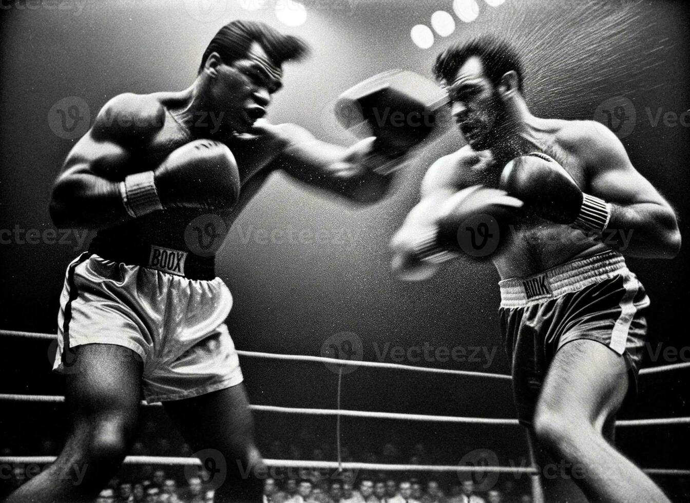 historisch zwart en wit zwaargewicht boksen wedstrijd, ai-gegenereerd macht stempel foto