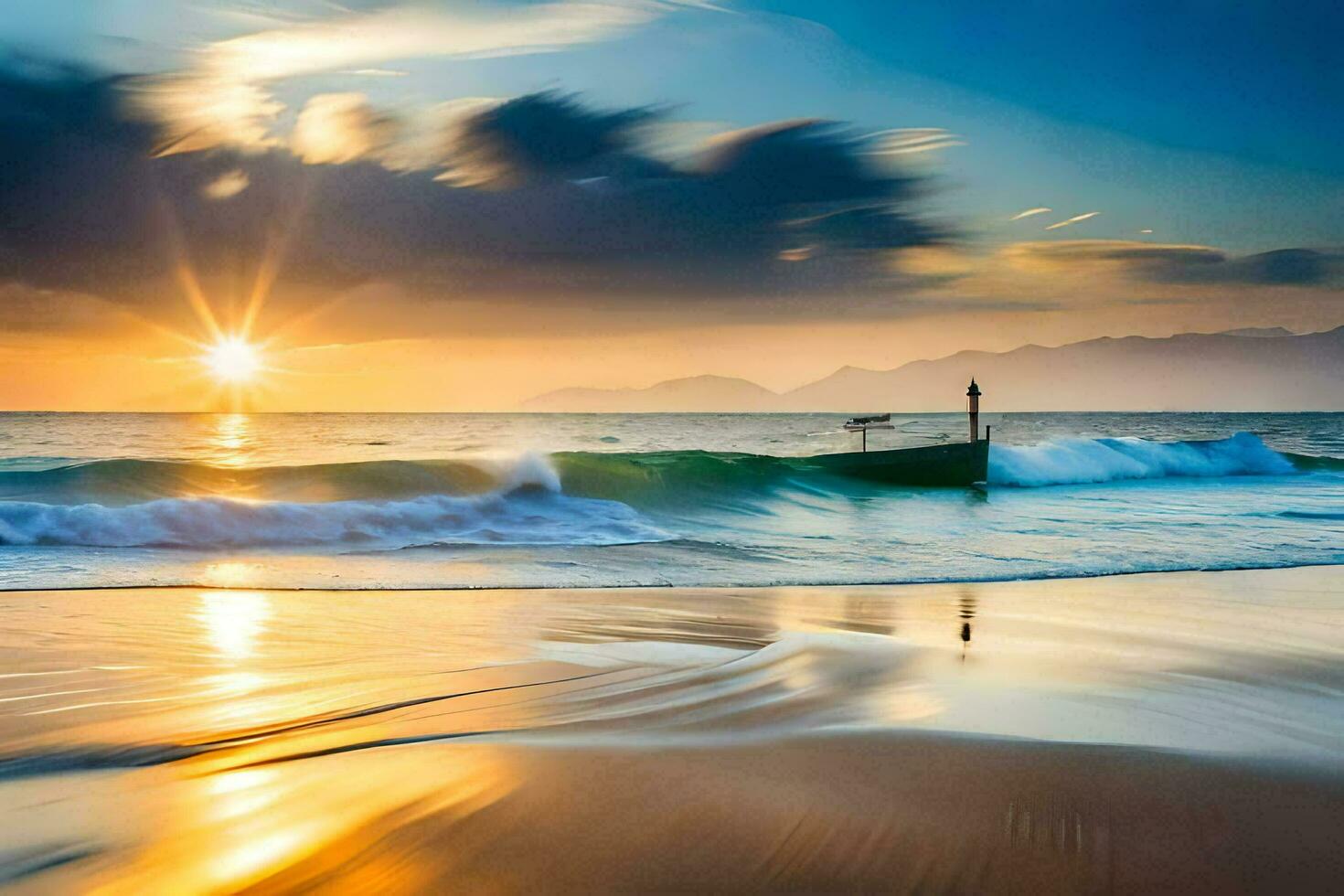 de zon stijgt over- de oceaan in de achtergrond. ai-gegenereerd foto