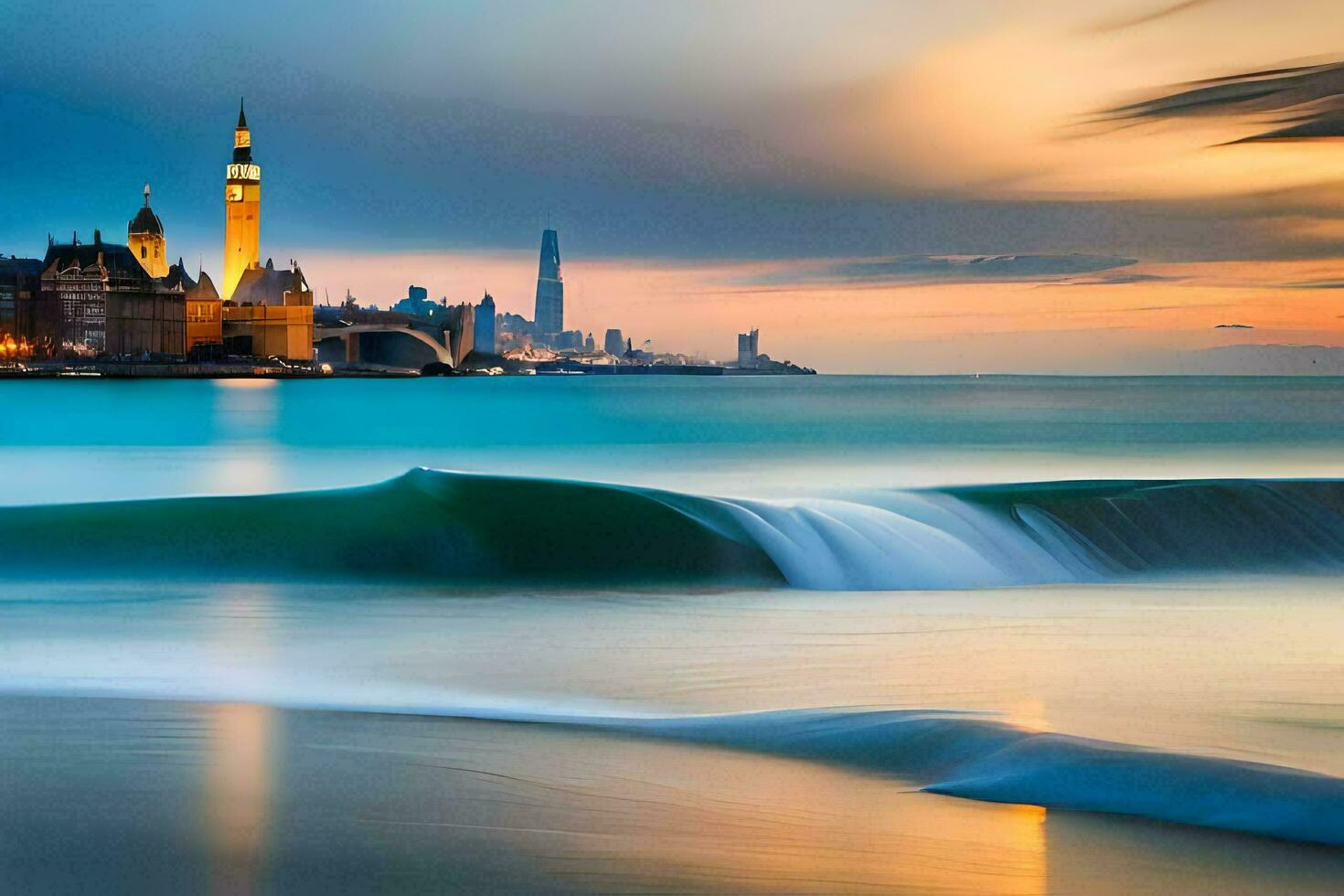 een mooi zonsondergang over- de oceaan en een stad horizon. ai-gegenereerd foto