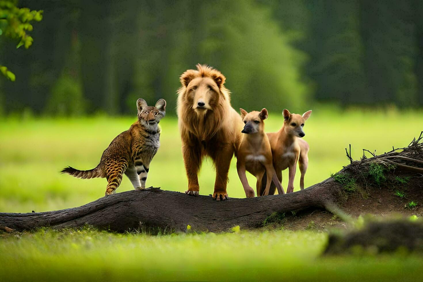 een leeuw, een tijger en een hyena zijn staand Aan een logboek. ai-gegenereerd foto