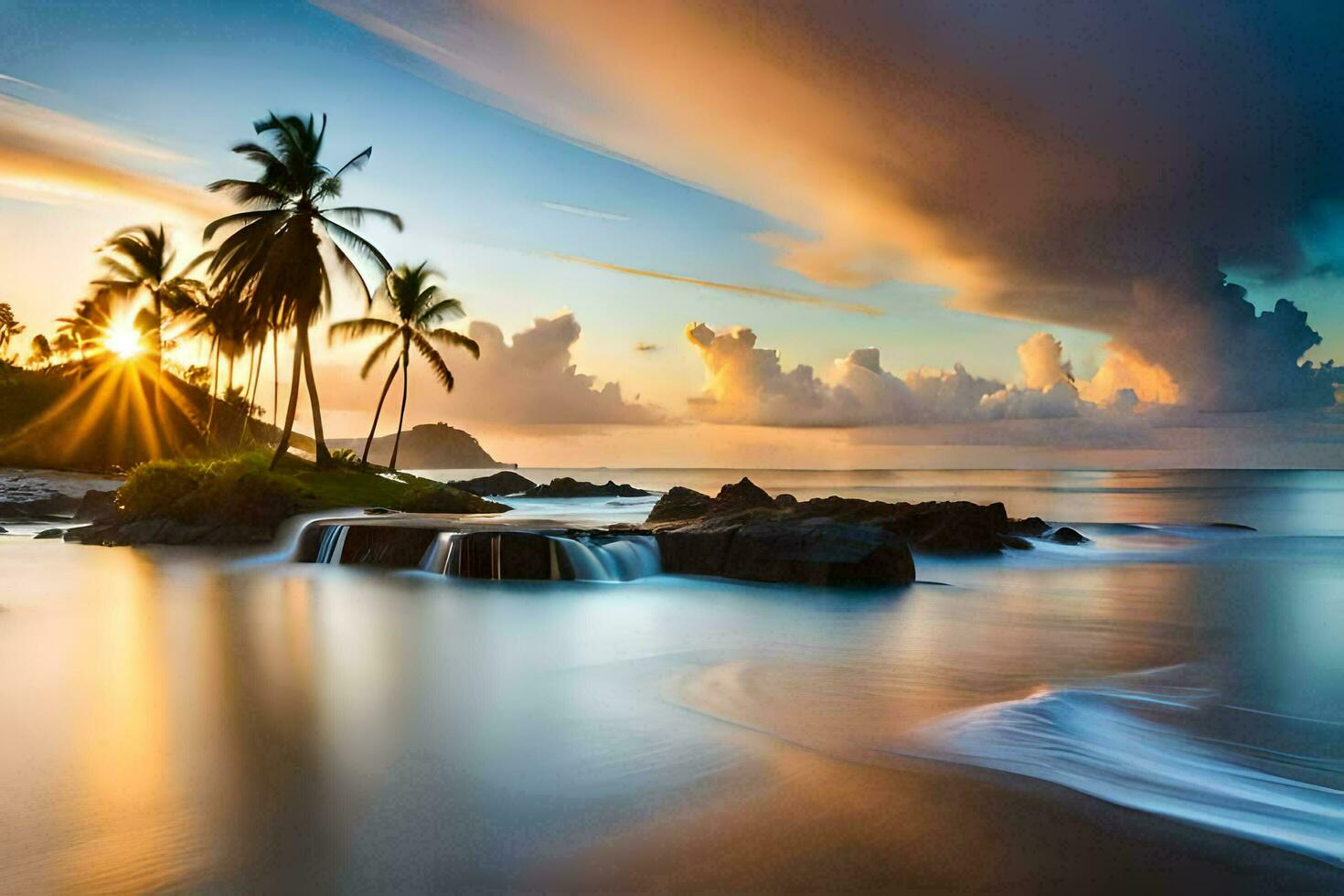 de zon sets over- de oceaan en palm bomen. ai-gegenereerd foto