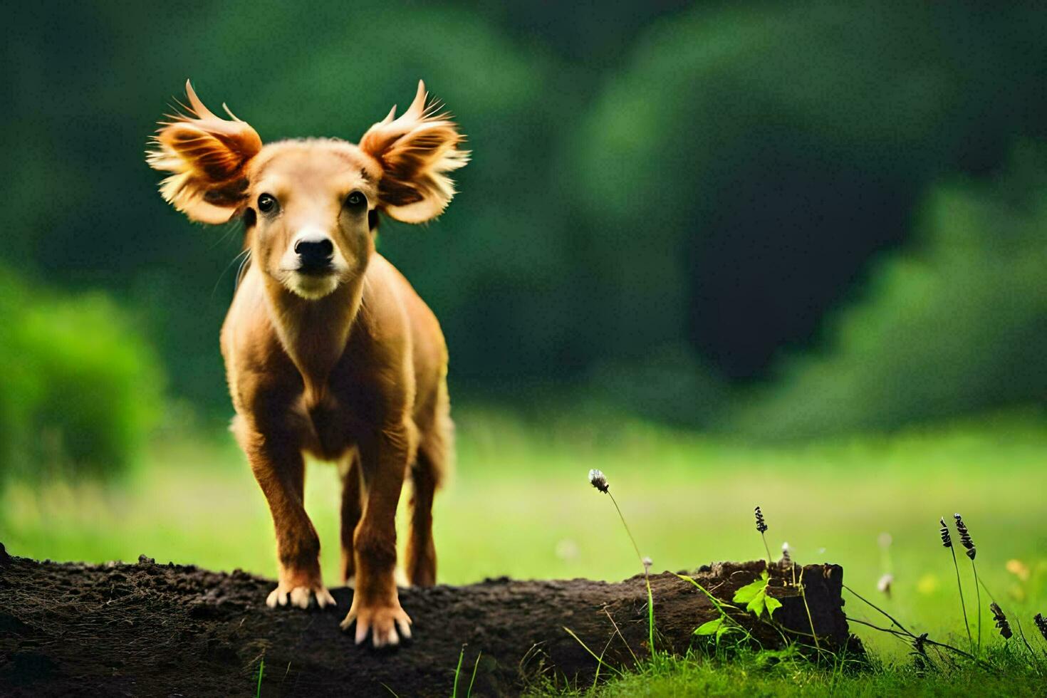 een klein hond met groot oren staand Aan een logboek. ai-gegenereerd foto