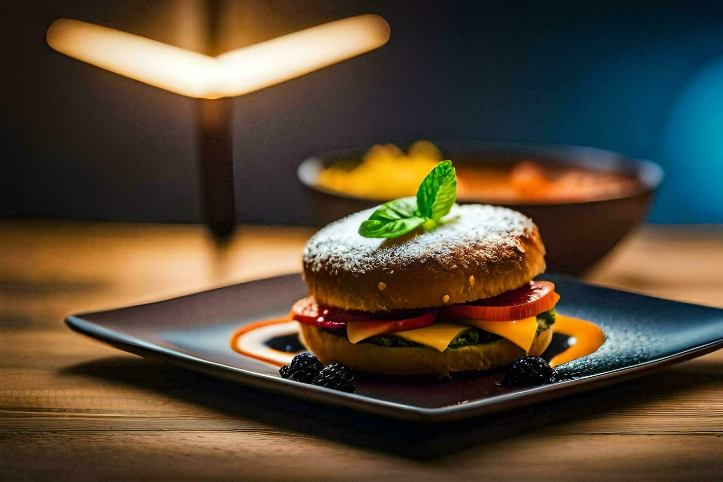 een hamburger met kaas en tomaat Aan een zwart bord. ai-gegenereerd foto