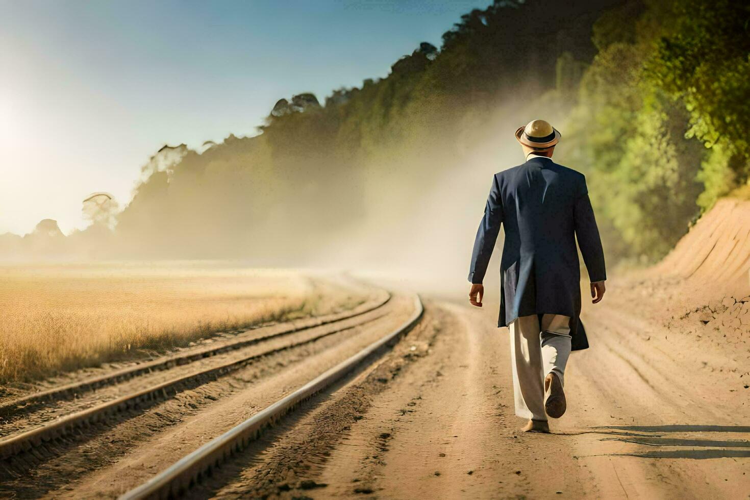 een Mens in een pak en hoed wandelingen naar beneden een aarde weg. ai-gegenereerd foto