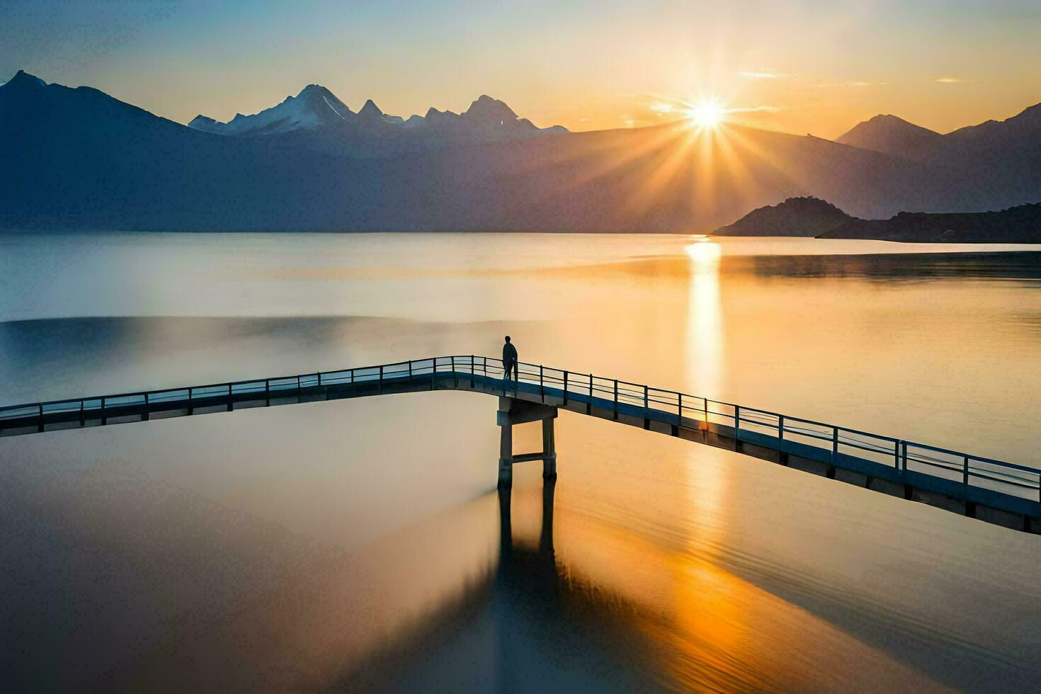 een Mens staat Aan een pier met uitzicht een meer Bij zonsondergang. ai-gegenereerd foto