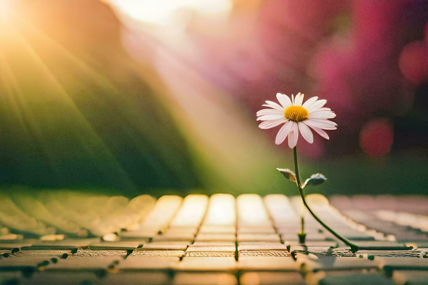 een single madeliefje bloem is zittend Aan een tafel in voorkant van de zon. ai-gegenereerd foto