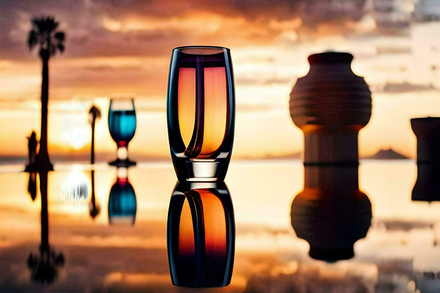 twee bril zijn zittend Aan een tafel met een zonsondergang in de achtergrond. ai-gegenereerd foto