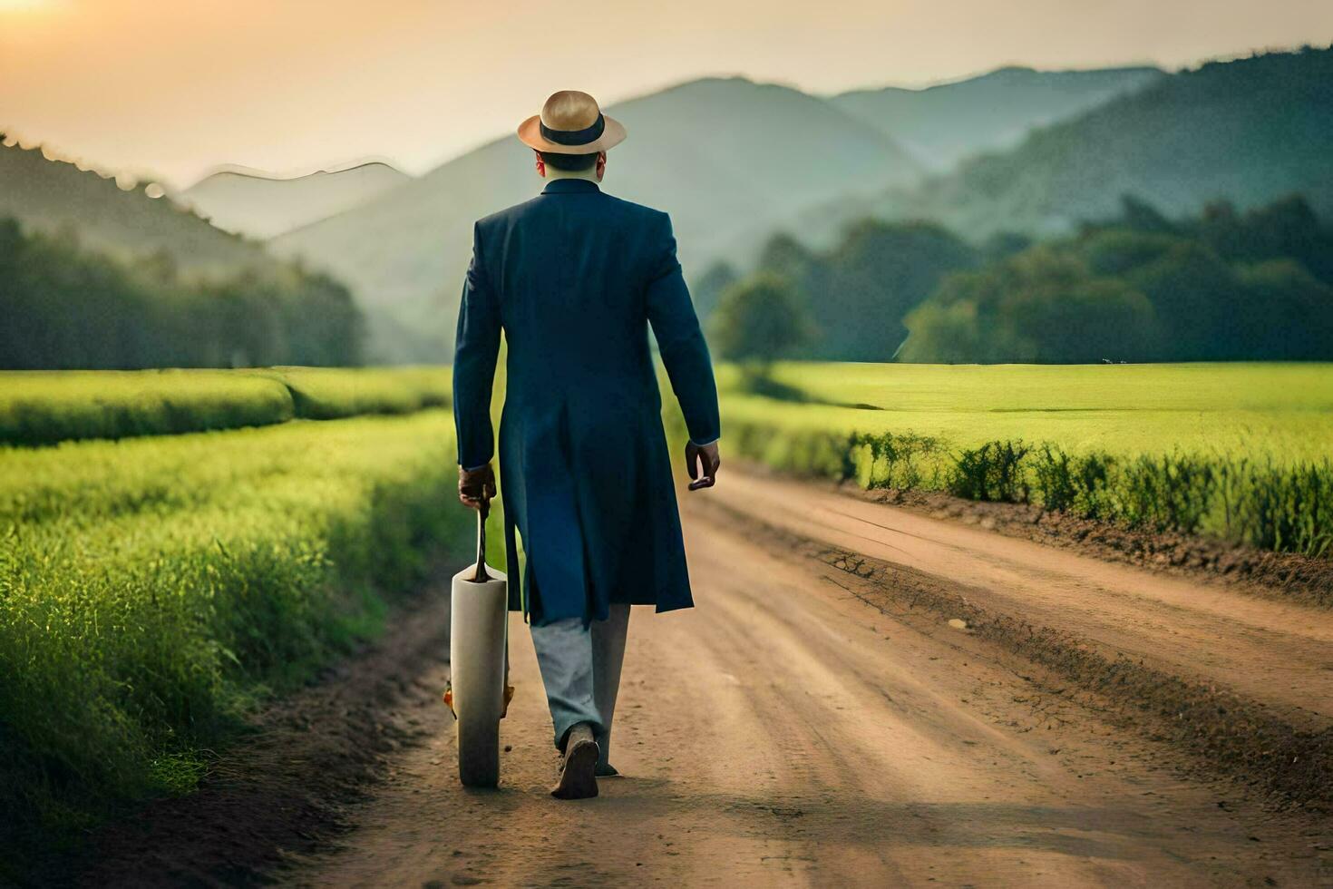 Mens in een pak en hoed wandelen naar beneden een aarde weg. ai-gegenereerd foto