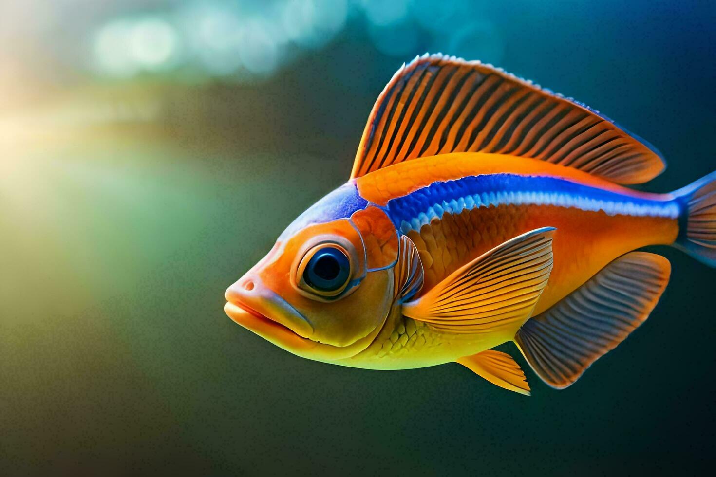 een oranje vis met blauw strepen zwemmen in de water. ai-gegenereerd foto