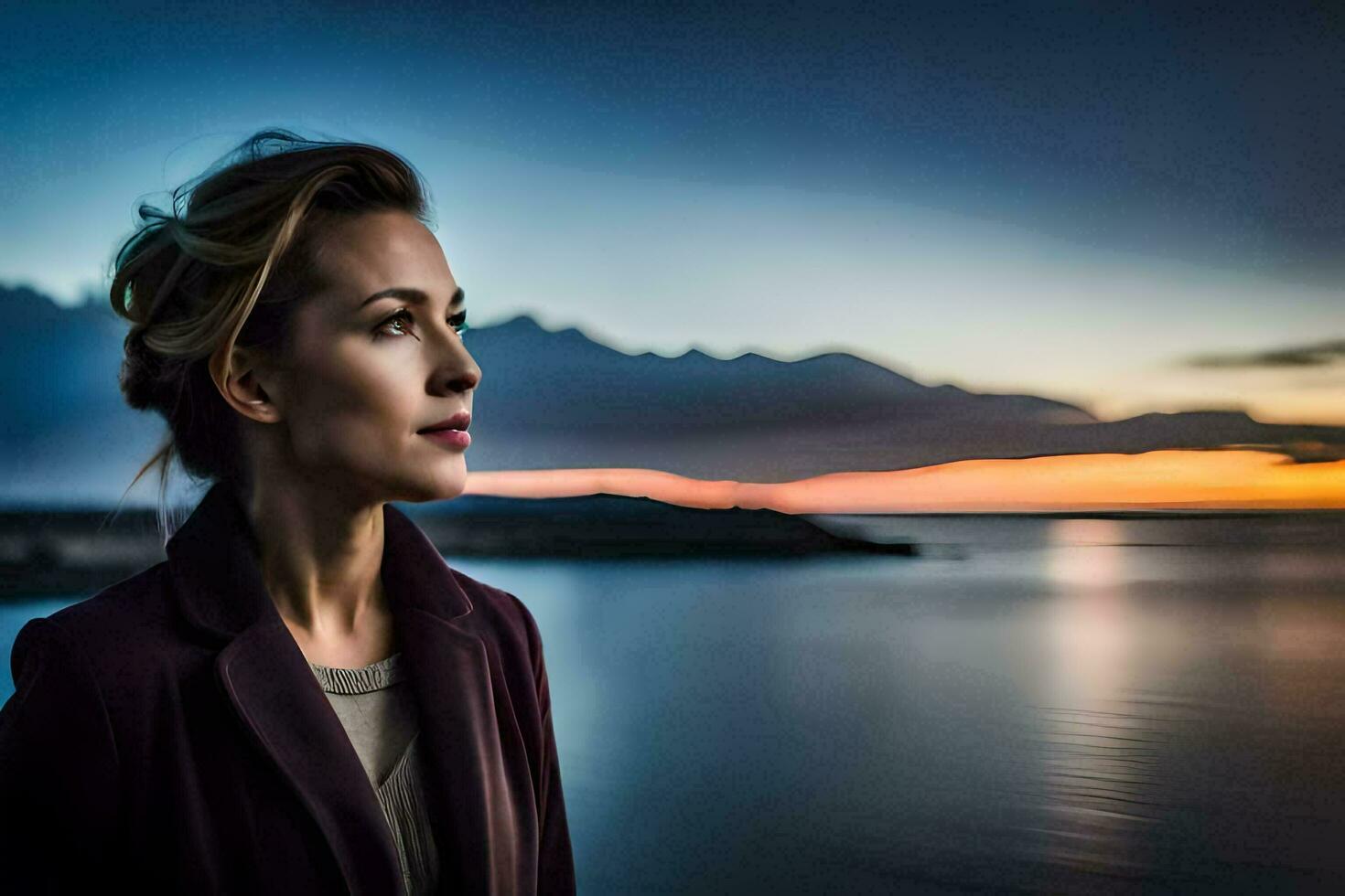 een vrouw op zoek uit over- de oceaan Bij zonsondergang. ai-gegenereerd foto