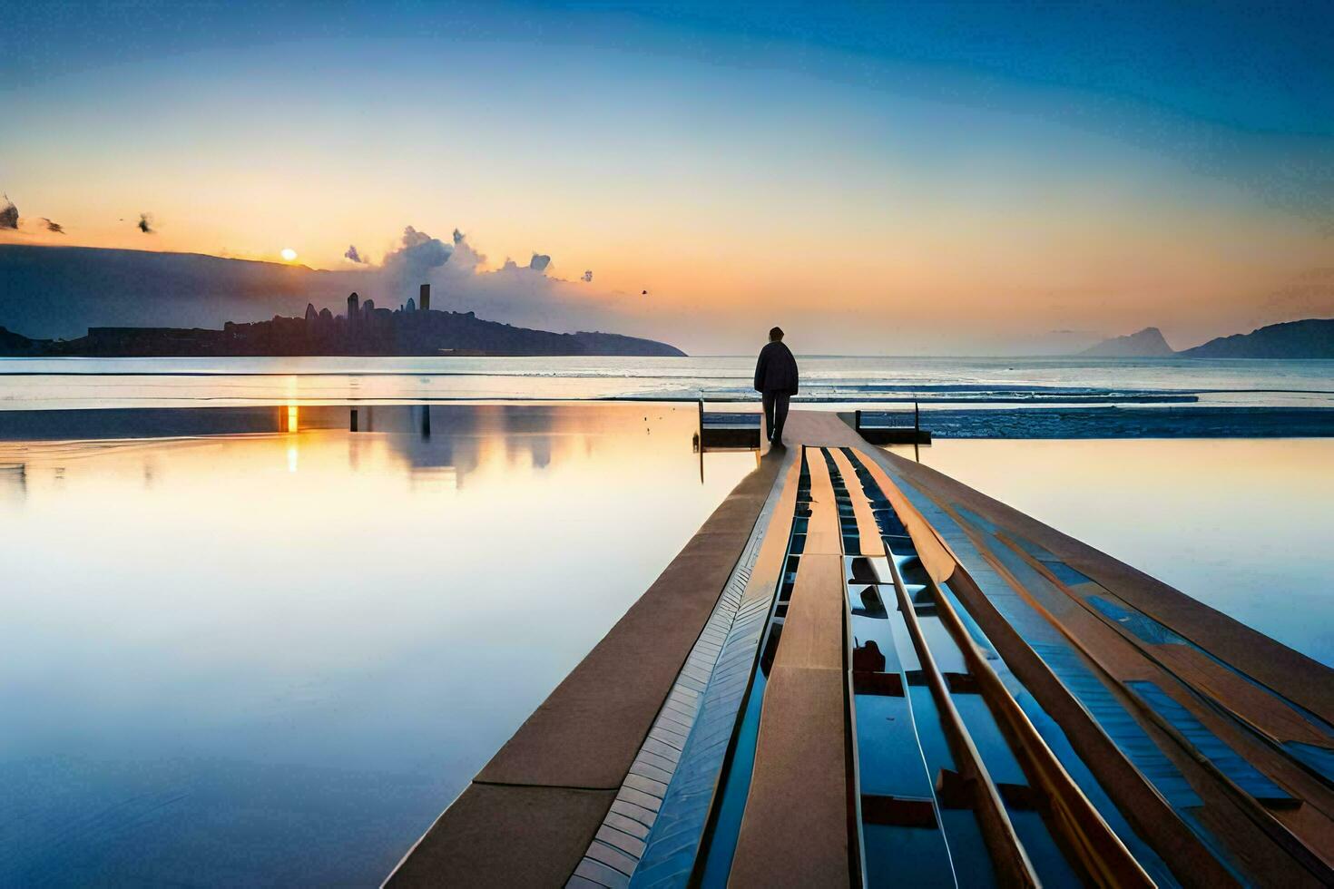 een Mens staand Aan een pier op zoek Bij de zon instelling over- de water. ai-gegenereerd foto