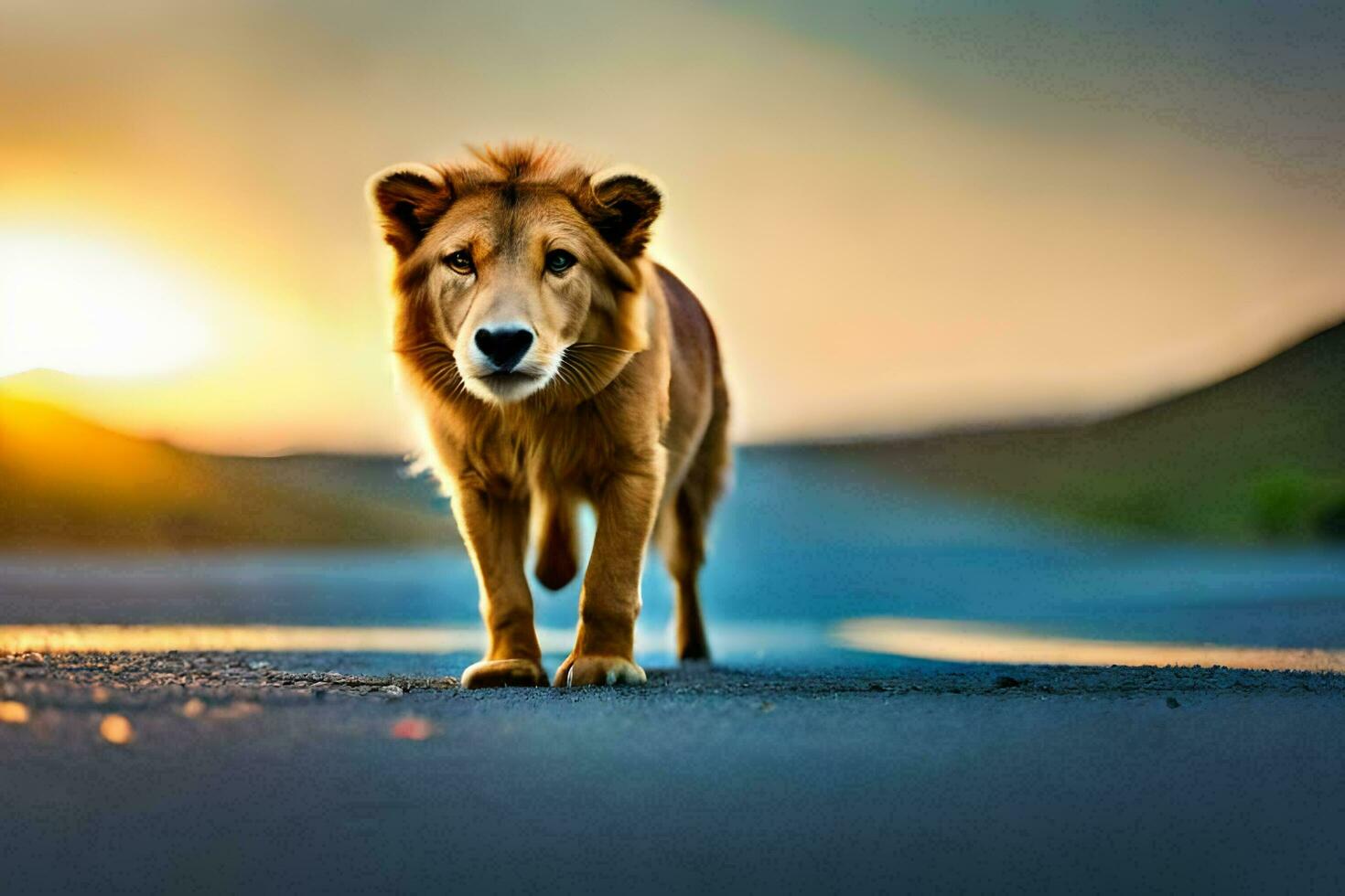 een leeuw wandelen Aan de weg Bij zonsondergang. ai-gegenereerd foto