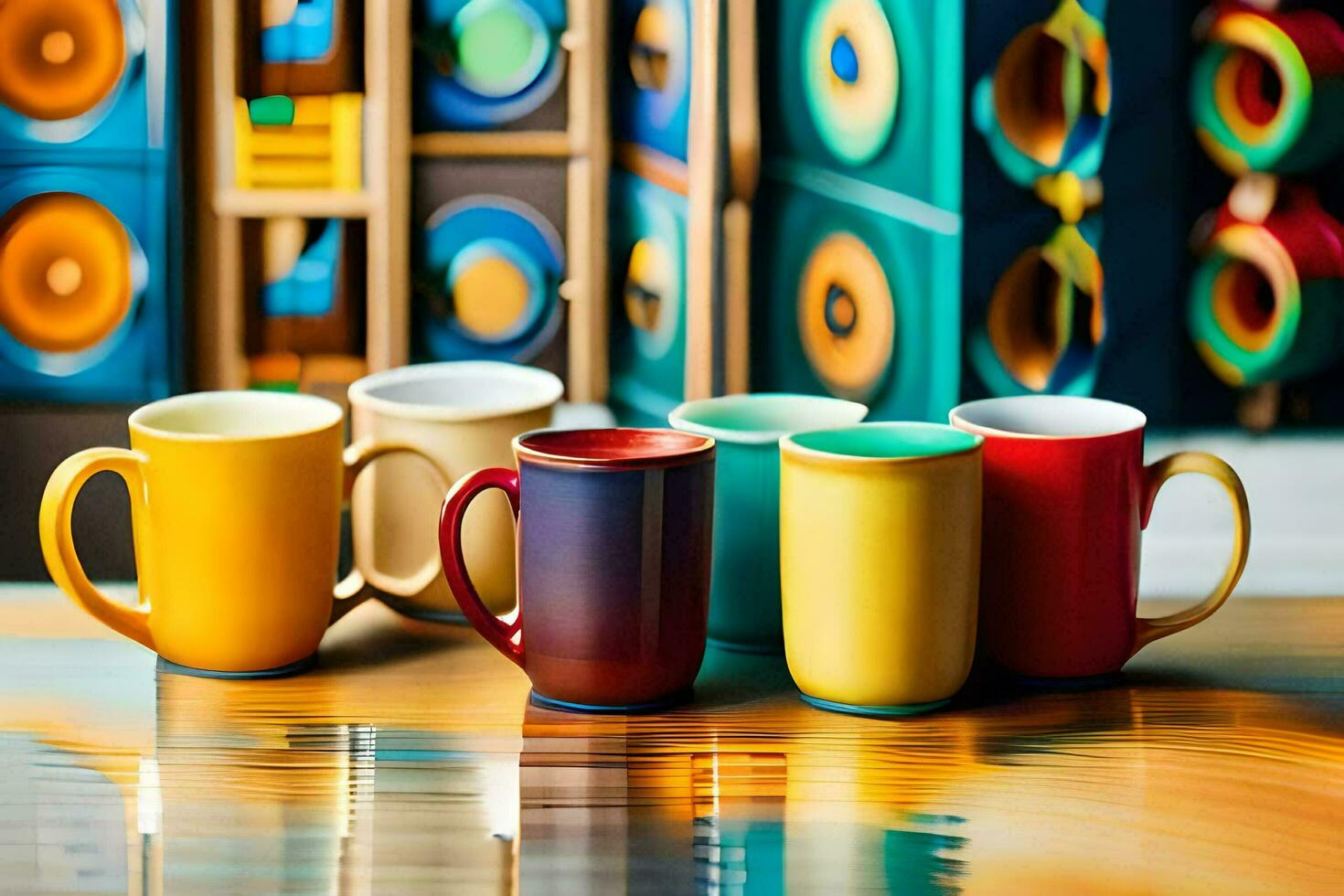 kleurrijk koffie cups Aan een tafel. ai-gegenereerd foto