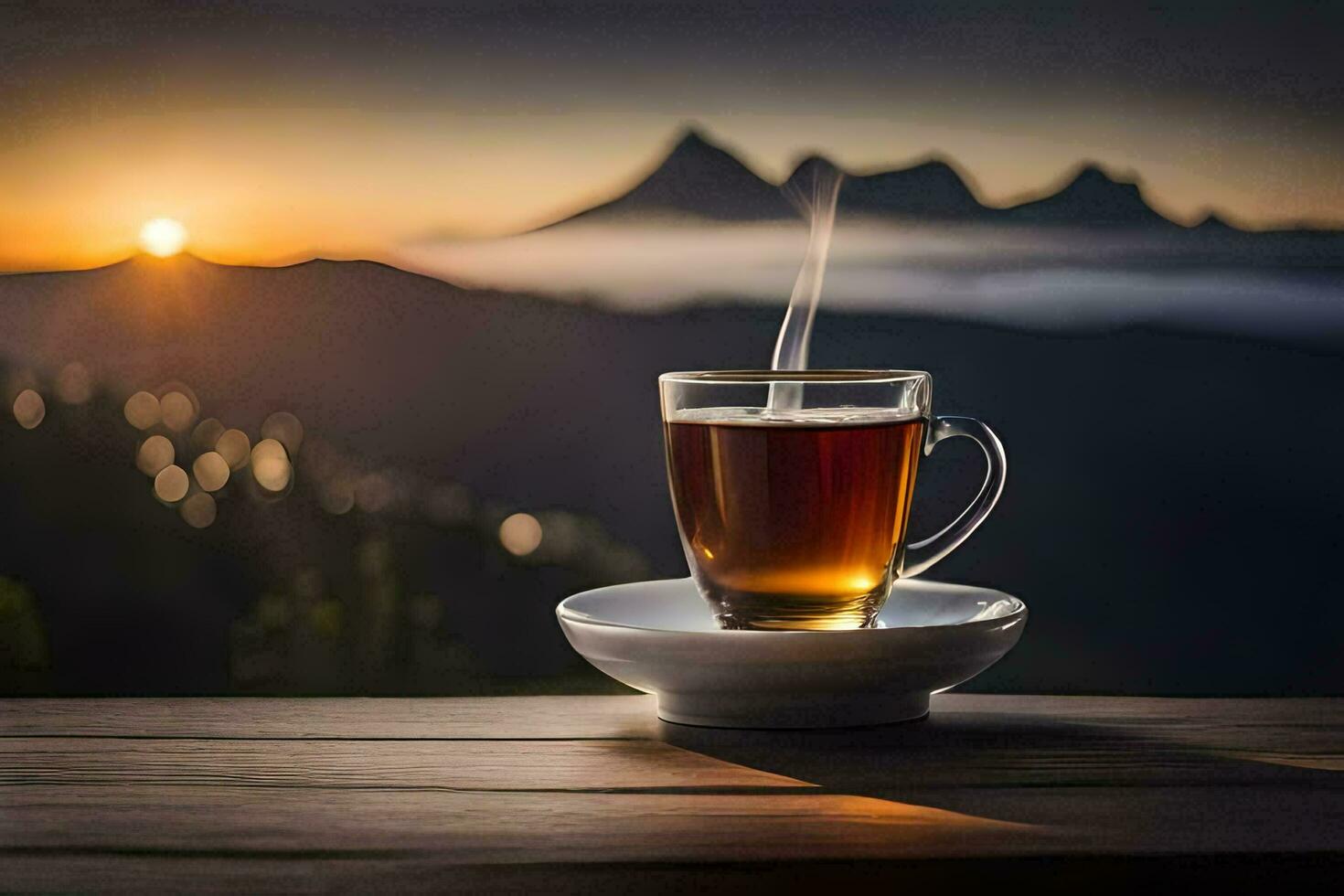 een kop van thee Aan een houten tafel in voorkant van een berg visie. ai-gegenereerd foto