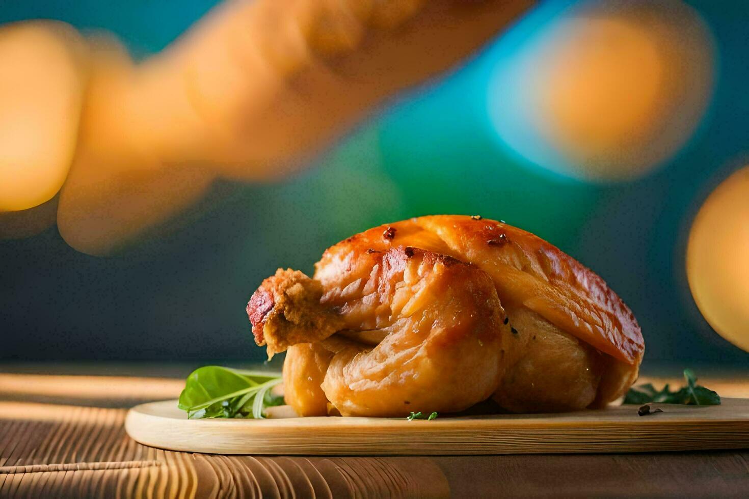 een kip Aan een houten snijdend bord met een wazig achtergrond. ai-gegenereerd foto