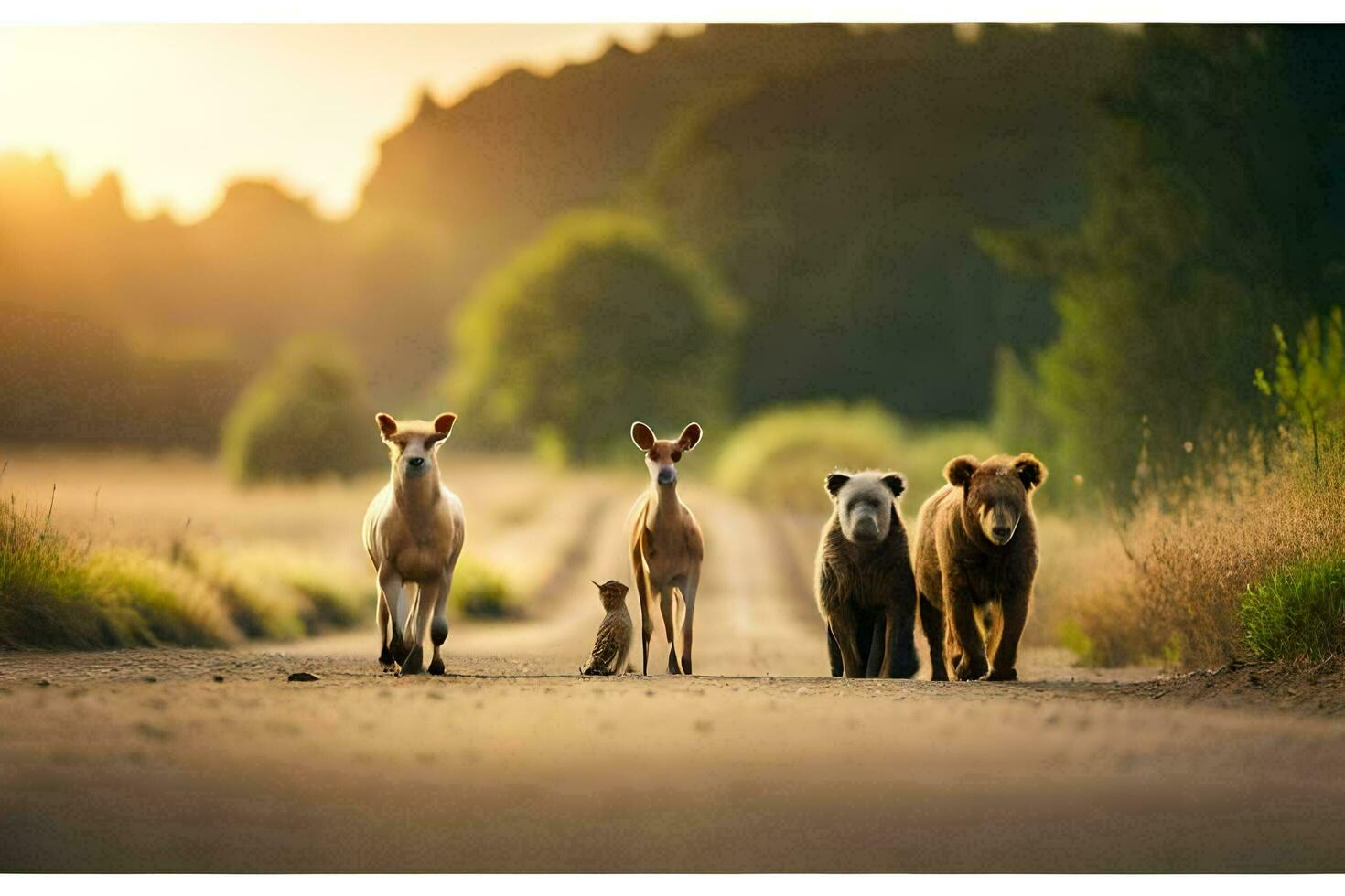 een groep van dieren wandelen naar beneden een weg. ai-gegenereerd foto